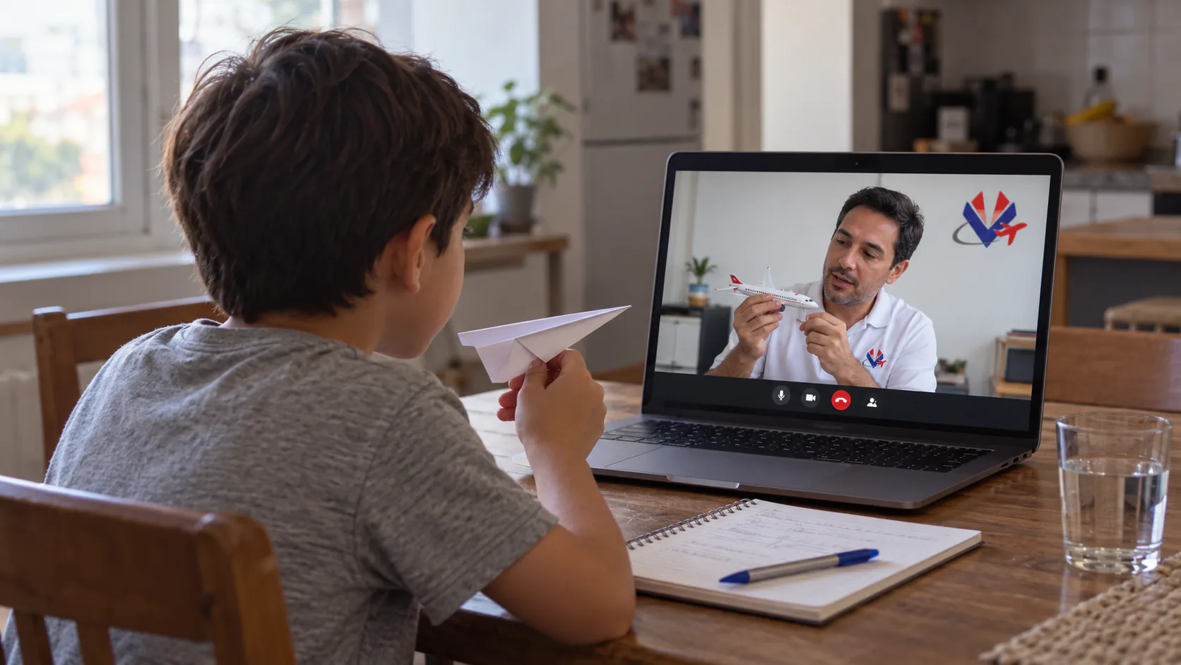 Un niño sigue desde casa una clase online en vivo de VENEFLIGHT con un avión de papel en la mano, mientras el instructor muestra un avión a escala en la pantalla