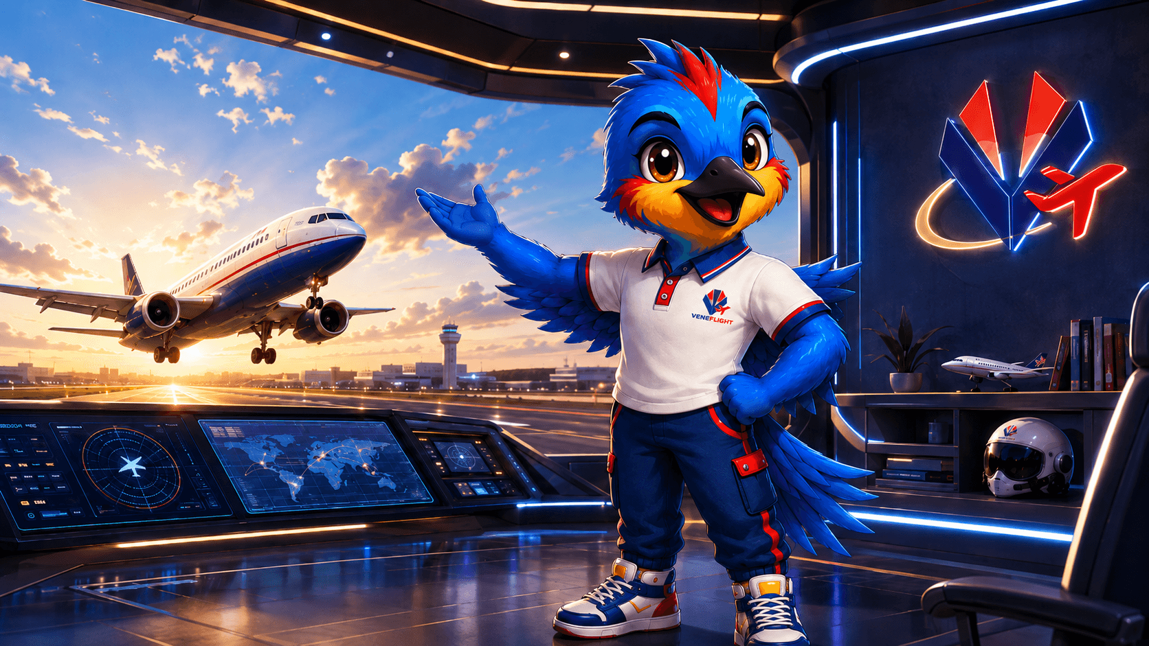 Veny, la mascota de VENEFLIGHT, en la torre de control dando la bienvenida a bordo